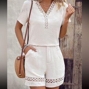 Ladies' Lace Patchwork Short Sleeve Shirt And Shorts Two Piece Set